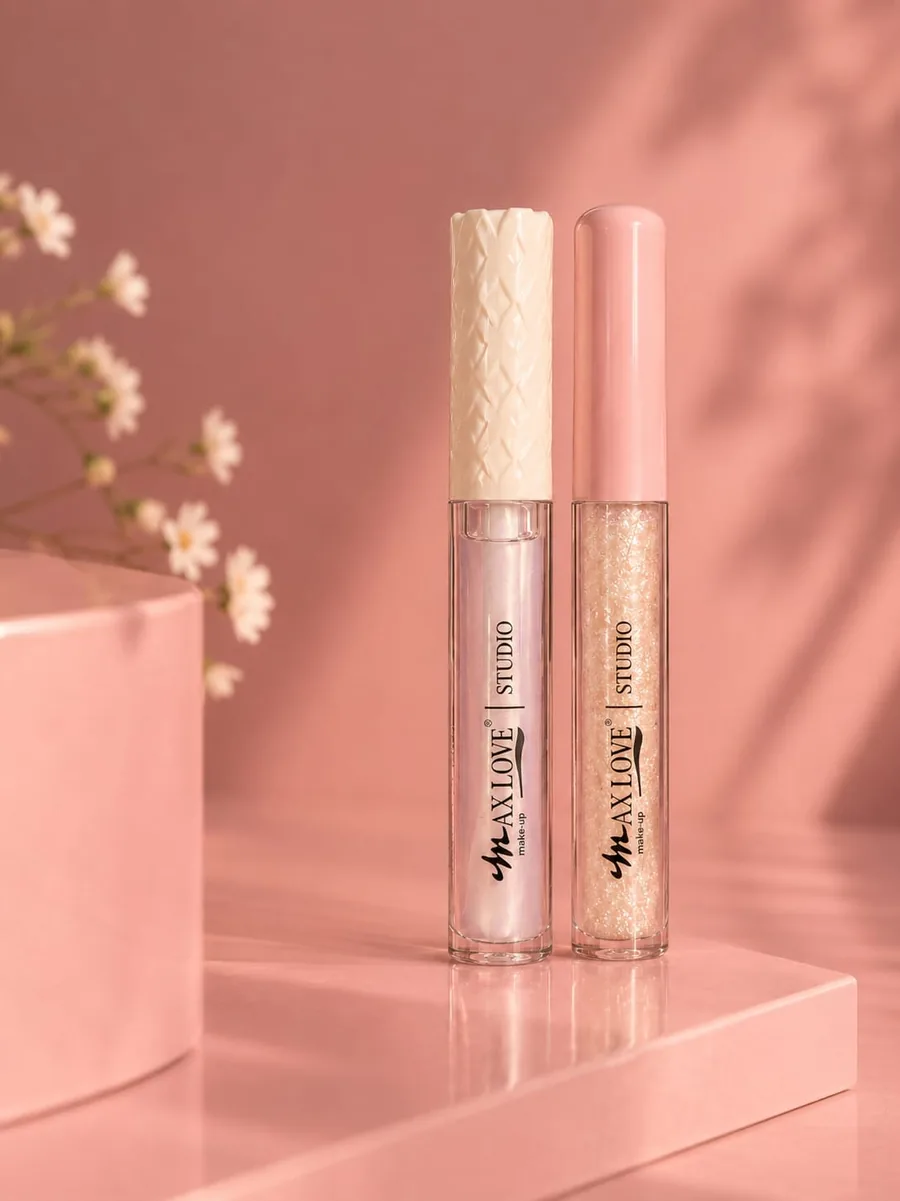 Dois glosses labiais Max Love Studio sobre fundo rosa, com flores ao lado